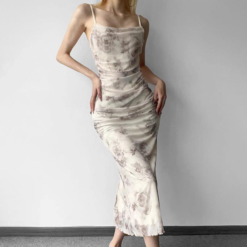 Women Dresses Summer Vintage Rose Printed Mesh Camisole Dress (Bla0420)