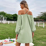 Women Dress Spring/Summer Loose Casual Short Skirt off-Shoulder Braces Long Sleeve Dress