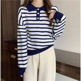 Women Knitwear Autumn and Winter Striped Polo Collar Knitwear Loose Retro Sweater