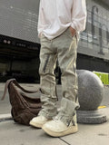 Men Jeans Worn Looking Washed-out Side Zipper Slightly Flared Jeans