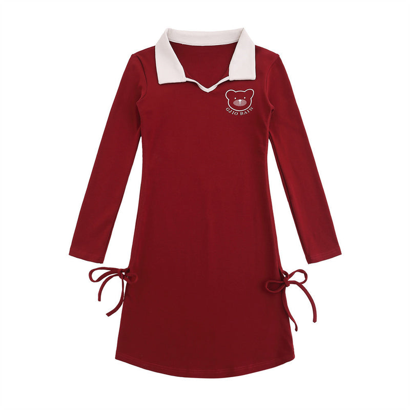 Women Dresses Polo Collar Long Sleeve Dress