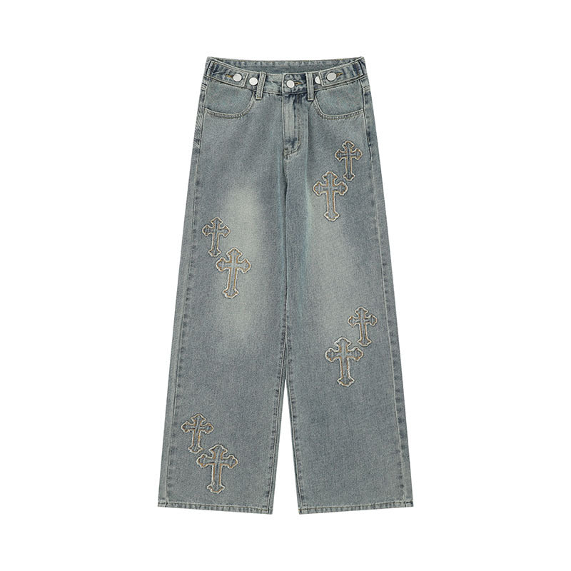Men Jeans Cross Embroidered Washed Straight Jeans