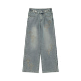 Men Jeans Cross Embroidered Washed Straight Jeans