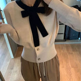 Women Knitwear Spring and Autumn Style Sweater V-neck Bow Long Sleeve Knitted Cardigan