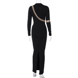 Women Dresses Winter Sexy Cutout Back Slit Long Sleeve Dress