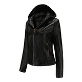 Red Leather Jacket Fall Winter Hooded Leather Women's Detachable Hat Long-Sleeve Zipper Fleece-Lined Wallet
