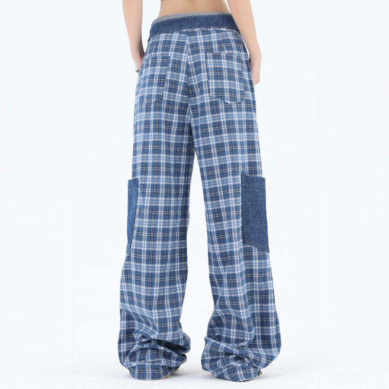Men Sweatpants Plaid Casual Trousers Pocket Loose Wide Leg Pants Drawstring Ankle-Tied Cargo Pants