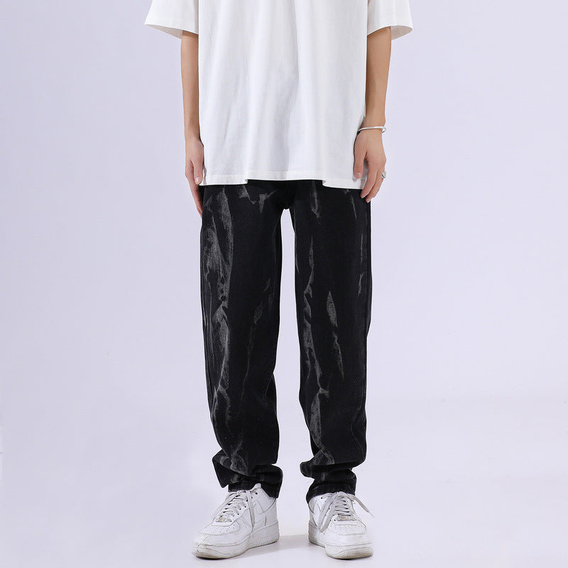 Men Jeans Washed Distressed Baggy Straight Trousers Tie-Dye Gradient Denim Trousers