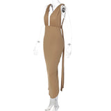Women Dresses Summer Sexy Deep V-neck Backless Fold Split Dress