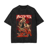 Summer chainsaw man, washed old retro cotton short-sleeved T-shirt