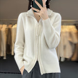 Women Knitted Cardigan Lapel Double Zipper Long Sleeve Women's Autumn and Winter Loose Knitted Coat
