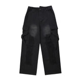 Women Pants Ripped Multi-Pocket Jeans Hip Hop Washed Straight Loose-Fitting Wide-Leg Trousers