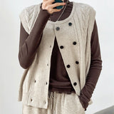 Women Knitted Cardigan Spring Vintage Hemp Pattern Double Breasted Sleeveless Knitted Cardigan