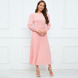 Women Date Dress Fall/Winter Slim Long Sleeve round Neck Pleated Long Dress