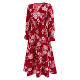 Women Date Dress Autumn and Winter Leisure Floral Print Long Sleeve Lace up Casual Dress Maxi Dress