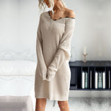 Women Knitted Sweater V-neck Solid Color Long Sleeve Lace Stitching Woolen Skirt