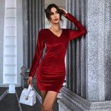 Women Dress Autumn Winter Sexy Backless Hip Skirt Long Sleeve Velvet Dress