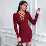 Women Dress Hollow Sexy Sheath Skirt Slim-Fit Long Sleeve Dress