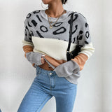 Women Knitted Sweater Autumn and Winter Long Sleeve Leopard Print Contrast Color Knitted Sweater