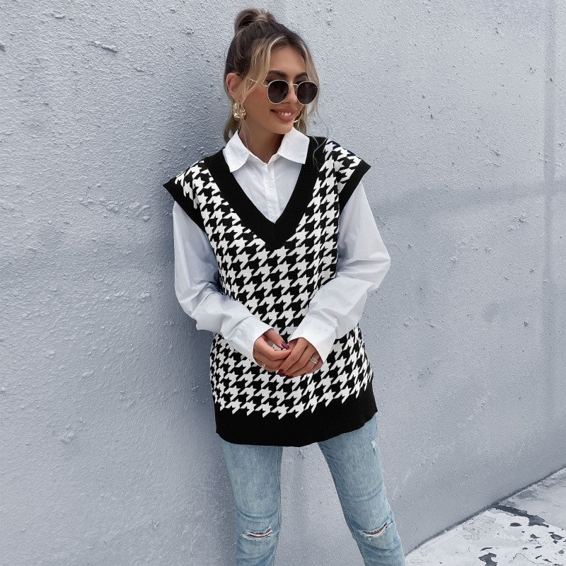 Women Knitted Sweater Autumn Loose Houndstooth V-neck Knitted Vest Women