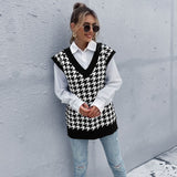 Women Knitted Sweater Autumn Loose Houndstooth V-neck Knitted Vest Women