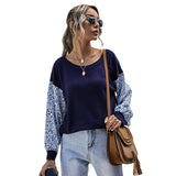 Women Knitted Sweater Autumn Stitching Crew Neck Knitted Long Sleeve Sweater