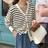 Women Knitwear Autumn and Winter V-neck Striped Sweaters Cardigan