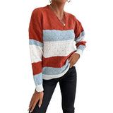 Women Knitted Sweater Autumn and Winter Leisure Top Color Matching Long Sleeve Sweater Loose