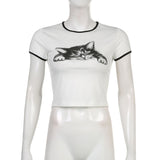 Women T-shirt Summer Cat Printing round Neck Midriff-Baring T-shirt