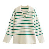 Women Sweater Knitwear Winter Lapel Long Sleeve Striped Sweater Loose Pullover