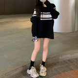 Women Knitted Pullover Striped Loose Sweater Autumn Winter Retro Knitwear Coat