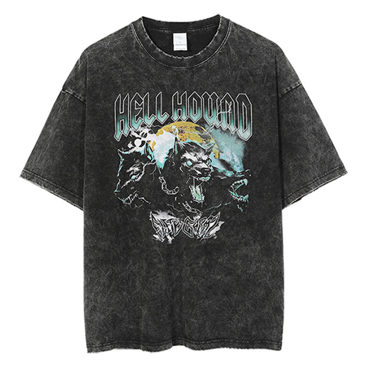 Mens Vintage Rock Band T-Shirt HELL Hellhound print washed do old short sleeve loose