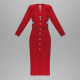 Women Evening Dress V-neck Bandage Dress Long Sleeve Simple Hollow Dress