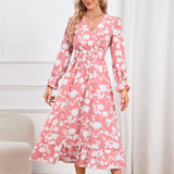 Women Date Dress Floral Dress Autumn and Winter V-neck A- line Skirt