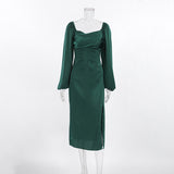 Women Dress Autumn and Winter Elegant Square Collar Puff Sleeve Dress