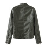Red Leather Jacket Casual Leather Jacket Spring and Autumn Women's Leather Jacket Long Sleeve Zipped Stand Collar Coat
