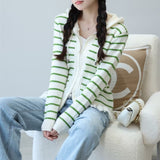 Women Knitwear Autumn and Winter Striped Hooded Sweater Tassel Knitted Cardigan