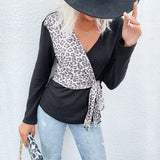 Women Knitted Sweater Leopard Splicing Long Sleeve Sweater