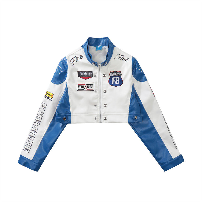 Women Jacket Color Matching PU Leather Jacket Women's Letter Embroidery Short Jacket Baseball Uniform