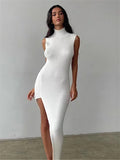 Ladies Leisure Knitwear Turtleneck Sleeveless Knitted Midi Dress Sheath Split Sexy Dress