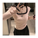 Women Knitted Pullover Square Collar White Knitwear Spring and Autumn Sweater