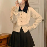 Women Knitted Cardigan Autumn and Winter Puff Sleeve Knitted Cardigan Single-Breasted Lapel Sweater Coat