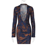 Women Dresses Winter Sexy Print V-neck Long Sleeve Narrow Dress