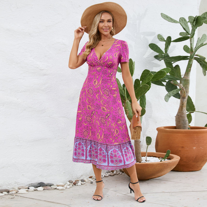 Women Date Dress Floral Dress Short Sleeve V-neck Bohemian A- line Skirt