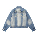 Women Jacket Five-Pointed Star Affixed Cloth Embroidered Washed White Denim Jacket