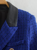 Women Suits Autumn Leisure Color Block Tweed Double Breasted Long Sleeve Suit Coat