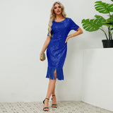 Women Date Dress round Neck Vintage Sequined Tassel Evening Dress