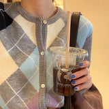 Women Knitwear Spring and Autumn Knitwear Vintage Diamond Plaid Loose Sweater Cardigan