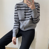 Women Cardigan Sweater round Neck Striped Sweater Coat Loose Single Breasted Cardigan Female 8t6717