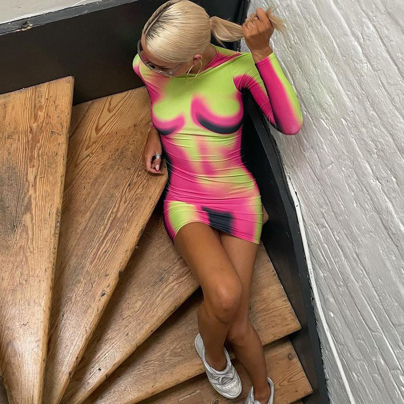 Women Dresses Spring Summer Slim-Fit round Neck Long Sleeve Narrow Dress